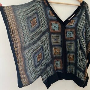 Silk Poncho Blouse Granny Square Print Wide Sleeves Size Small Boho Hippie